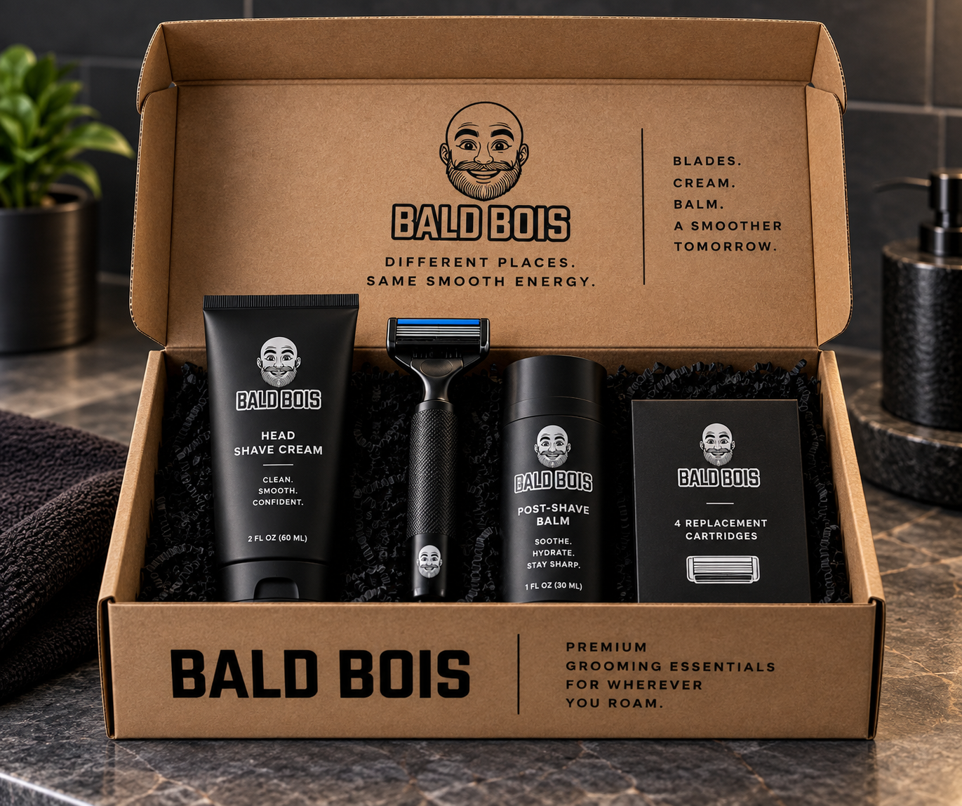 An open Bald Bois box with head shave cream, a razor, post-shave balm, and replacement cartridges